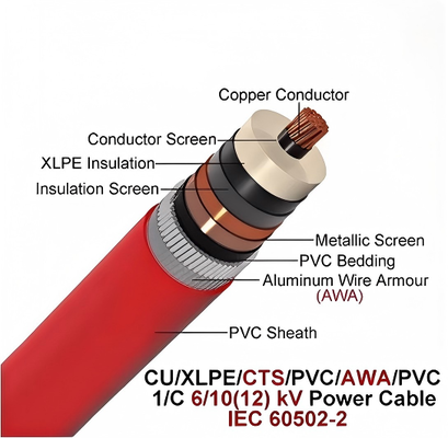 6/10kv シングル カッパーコア アルミニウムワイヤー 装甲ケーブル CU/XLPE/CTS/PVCAWA/PVC 1x630mm2 IEC60502-2
